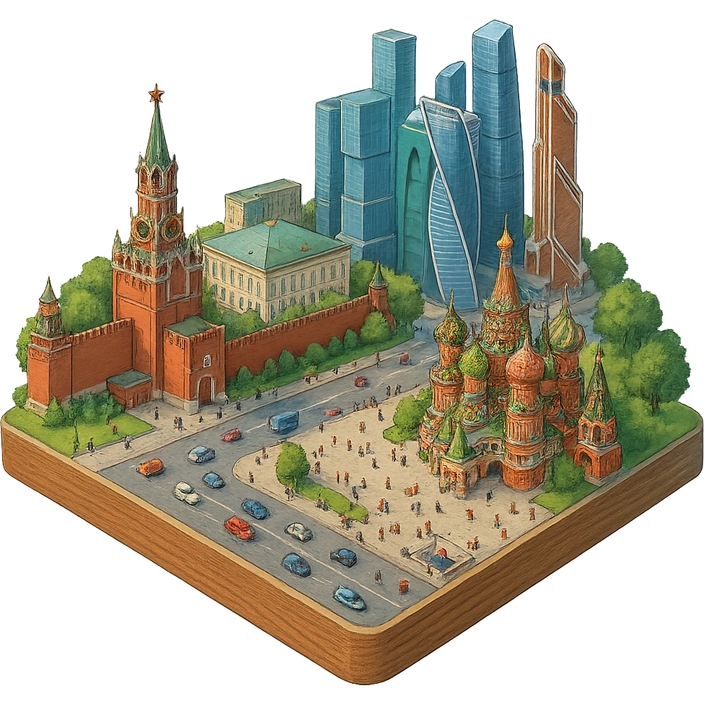 Изометричная миниатюрная 3D модель Москвы на подставке - фотореалистичный Кремль, собор Василия Блаженного, фотореалистичный Башни Москва-Сити, аккуратная детализация, четкие линии, яркие цвета, мультяшный реализм, гуляют люди и современный автотранспорт и метро, компактная композиция, вид сверху в изометрии, прозрачный фон emoji