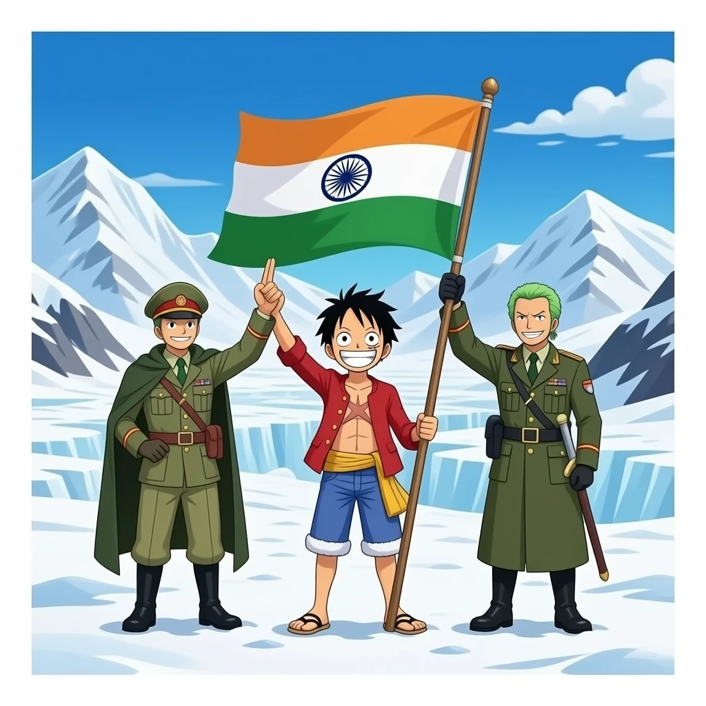 Luffy and sanji then zoro from One piece all three military general has hoisted the Indian flag in Siachen glacier emoji