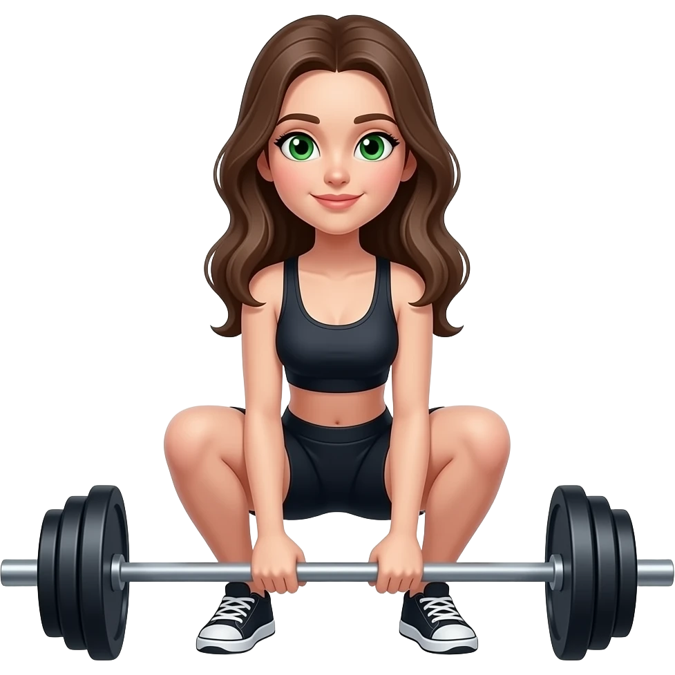 Can you make a young woman squatting with barbell weights? Where she has green eyes and medium long brown hair emoji