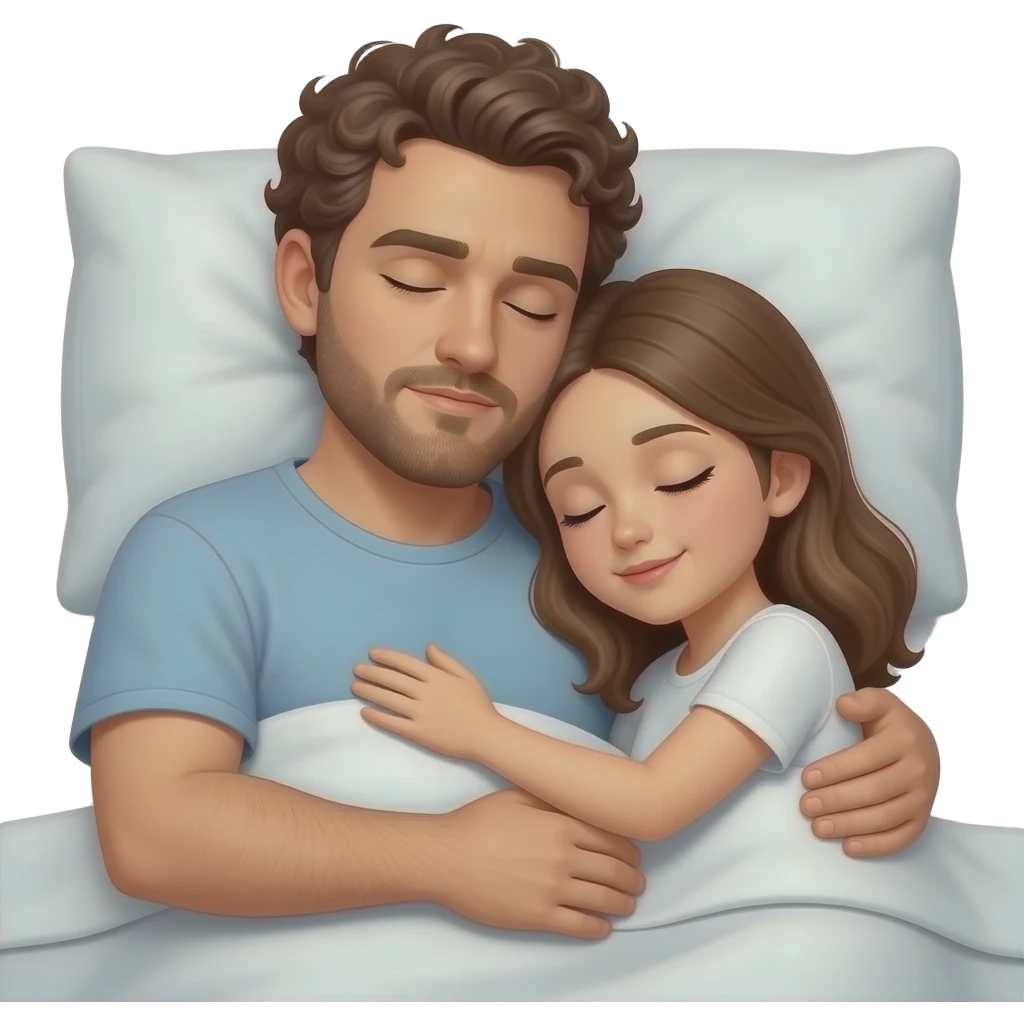 Realistic white man brown short curly hair with beard hugging while sleeping in bed with realistic white girl brown hair emoji