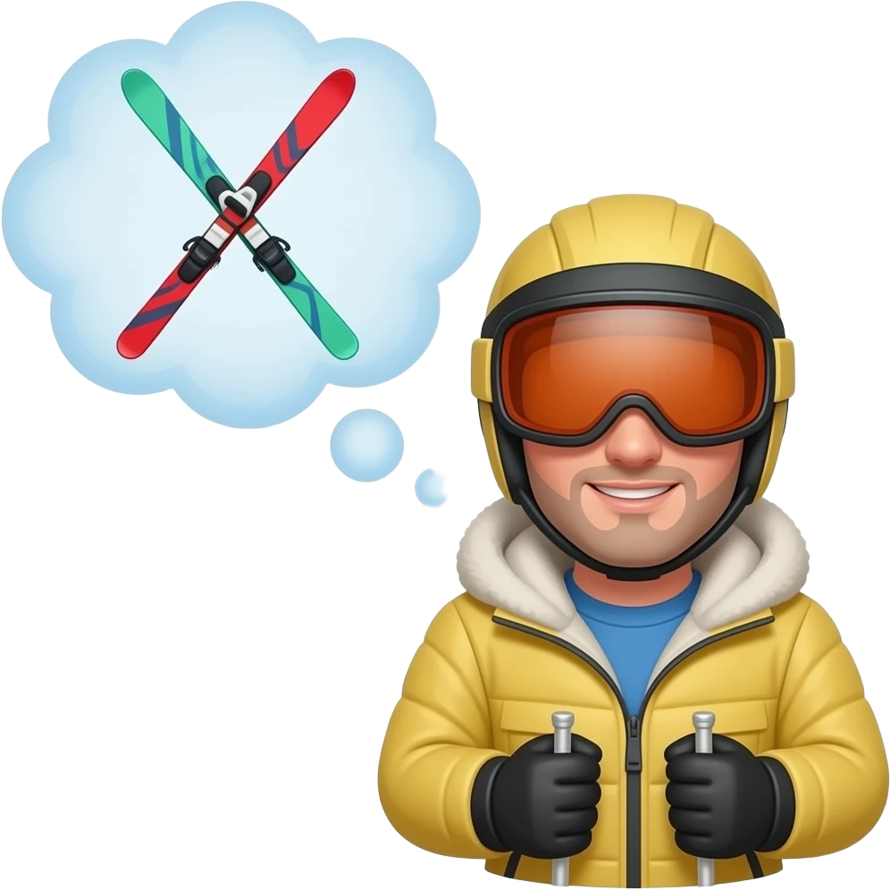 Jemand hat Skischuhe an, aber keine Skier und über ihm ist eine Denk Blase, und da drin sind die Skier emoji