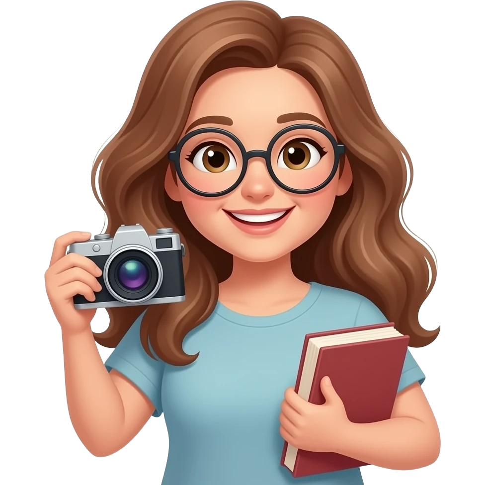 detailed emoji illustration of a curvy woman with long light brown wavy hair, light brown eyes and round glasses taking picture avec her book, happy book lover vibe, cute emoji style emoji
