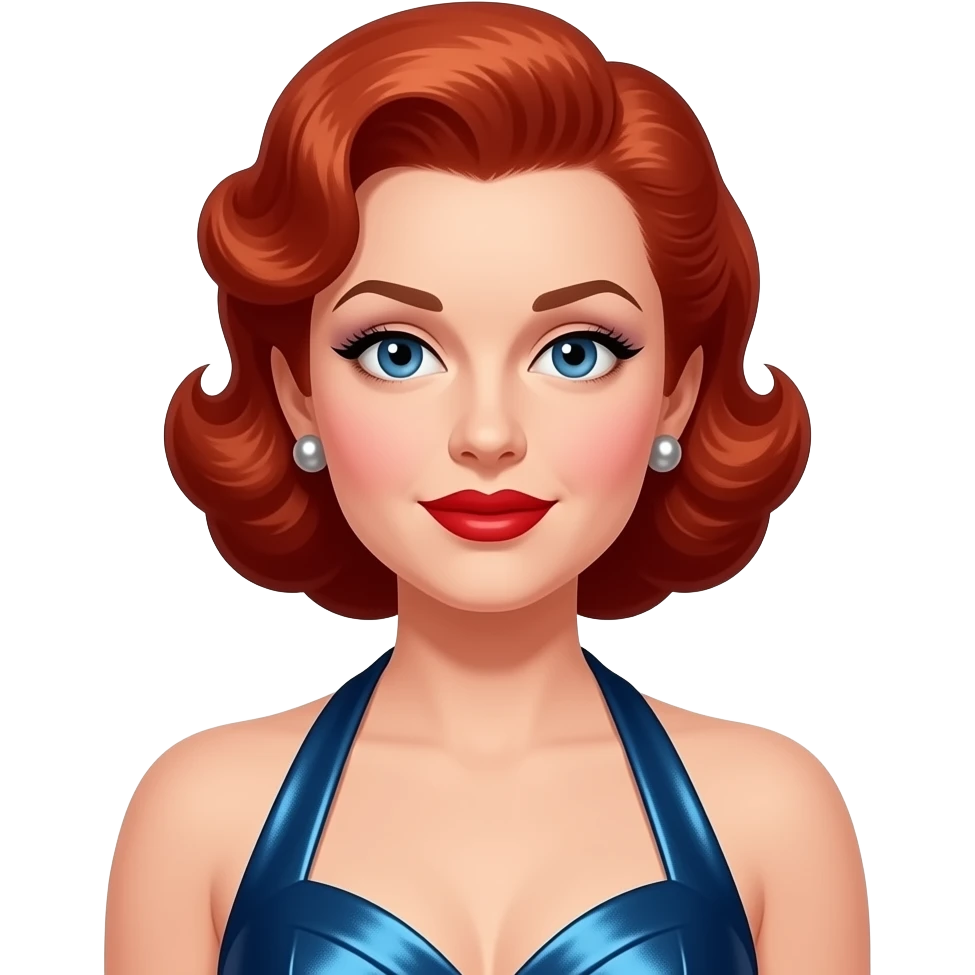 Lucille Ball with blue eyes, red pin-up hair, periwinkle eyeshadow, red lipstick, dark blue metallic halter dress, silver earrings emoji