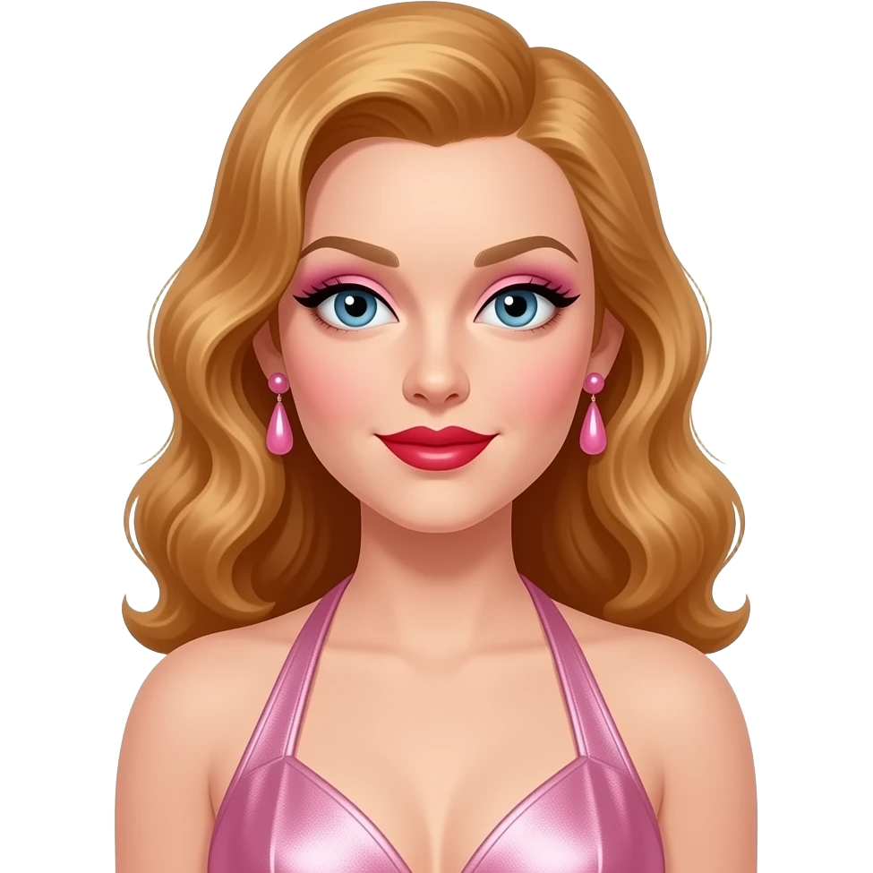 Ginger Rogers with blue eyes, long ginger blonde hair, pink eyeshadow, red lipstick, light pink metallic halter dress, pink earrings emoji