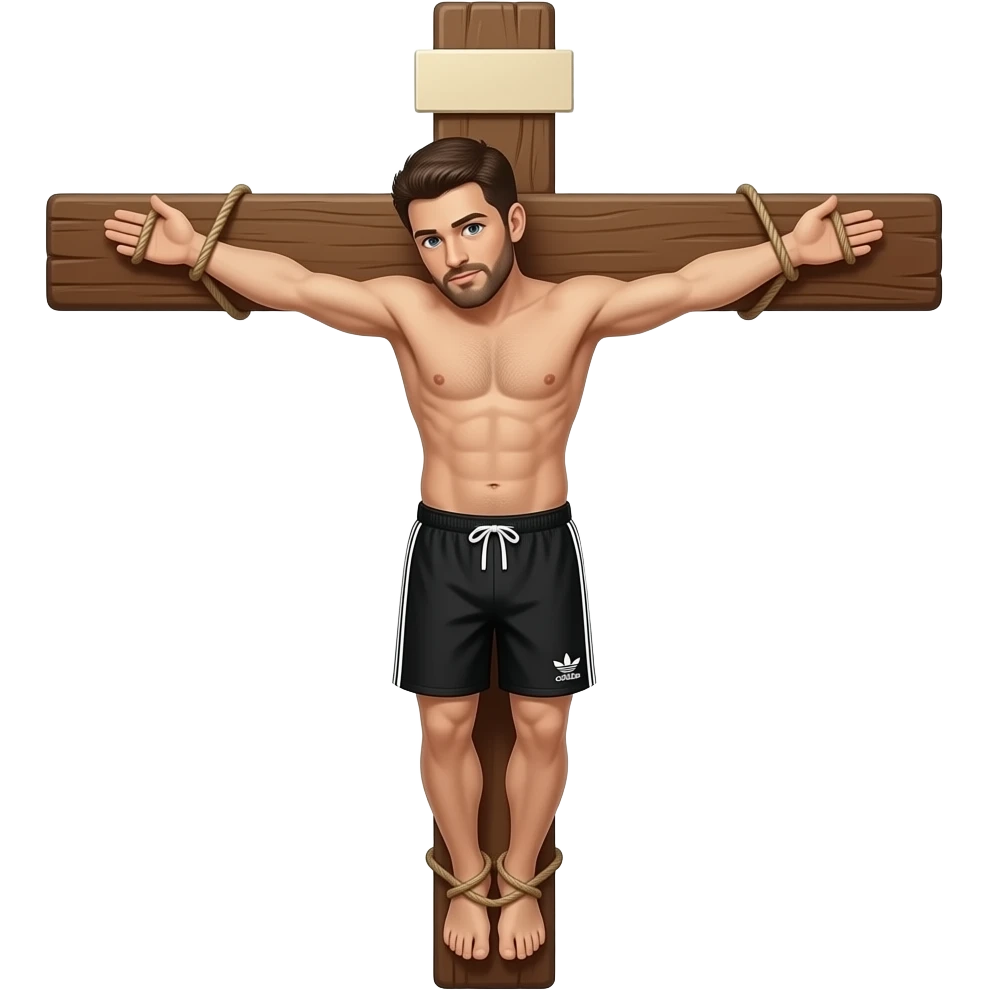 Hombre clavado en una cruz con un short negro adidas emoji
