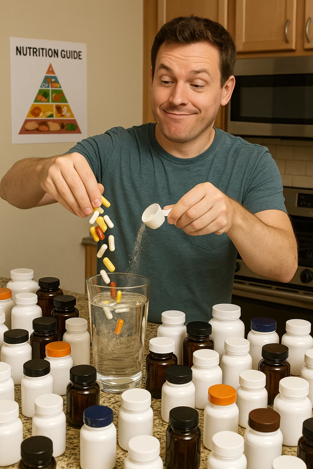 a man stands in his kitchen, enthusiastically pouring multiple supplement pills and powders into a large glass of water. The kitchen counter is cluttered with dozens of supplement bottles, and his expression is confident but slightly oblivious. In the background, a nutrition guide or food pyramid is ignored, highlighting his focus on supplements over balanced nutrition. emoji