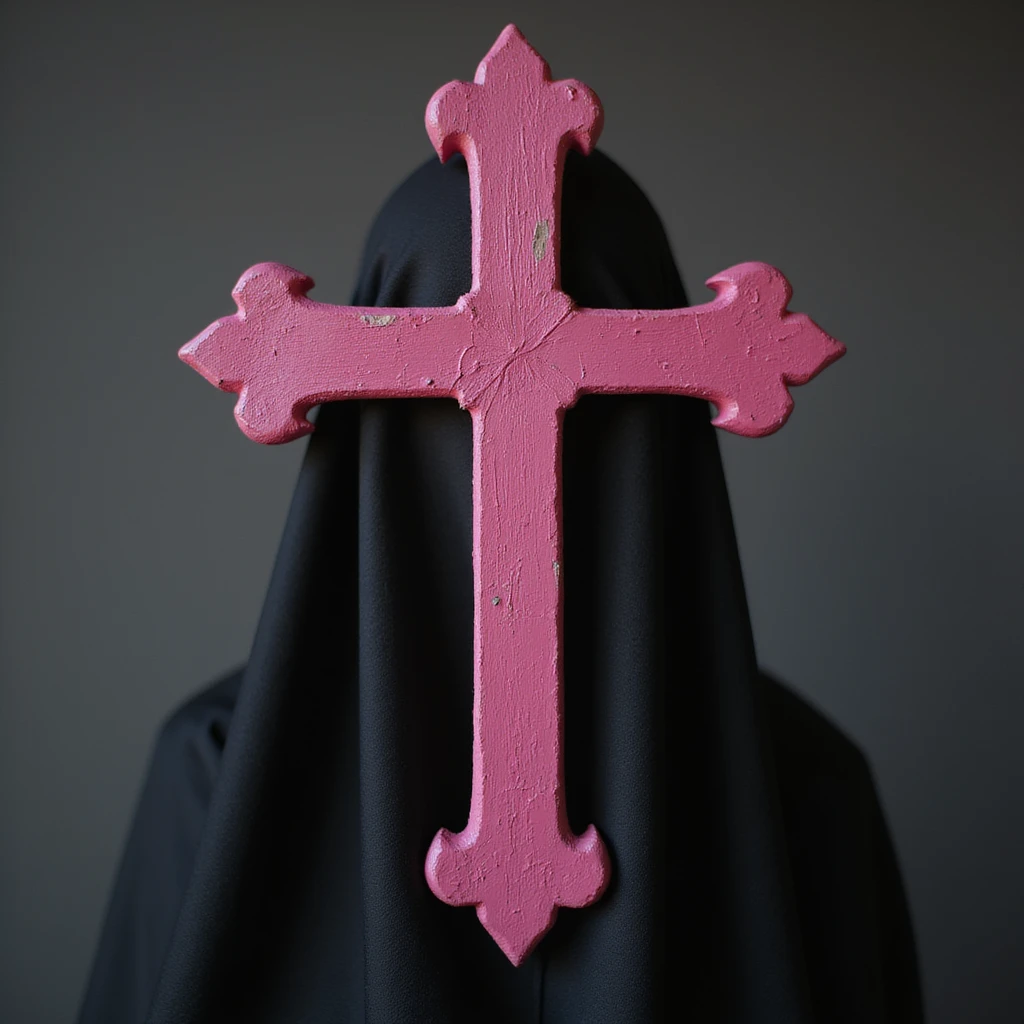 realistic gothic cross, pink with a black veil, photorealistic style emoji