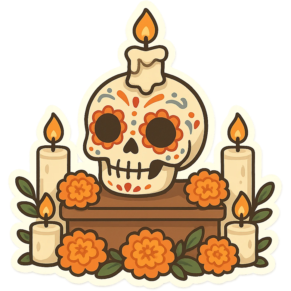 一个亡灵节的台子，台子周围是一些万寿菊和蜡烛，台子上面是一个带有亡灵节妆容的骷髅头，头顶上有一个蜡烛 emoji