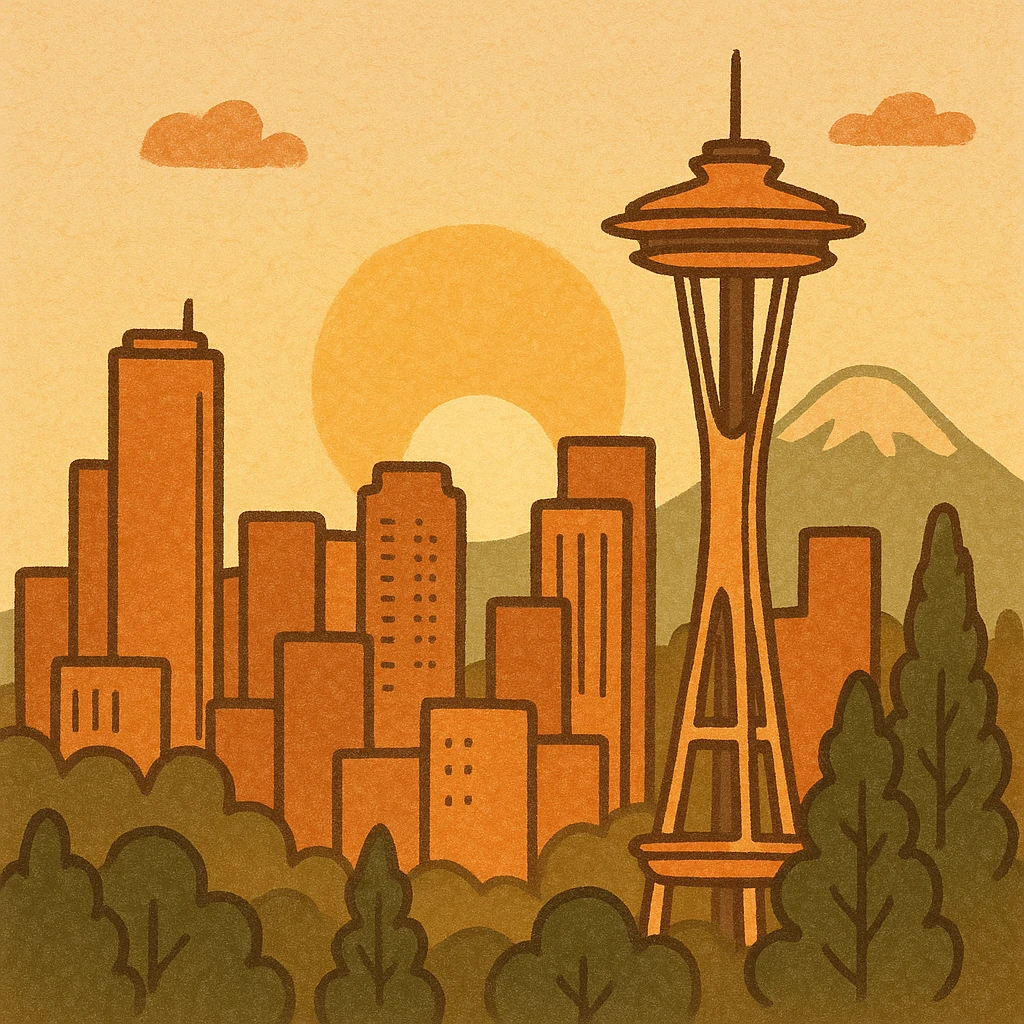 Seattle skyline at sunrise with warm colors, sun rising behind city, Mount Rainier in background emoji