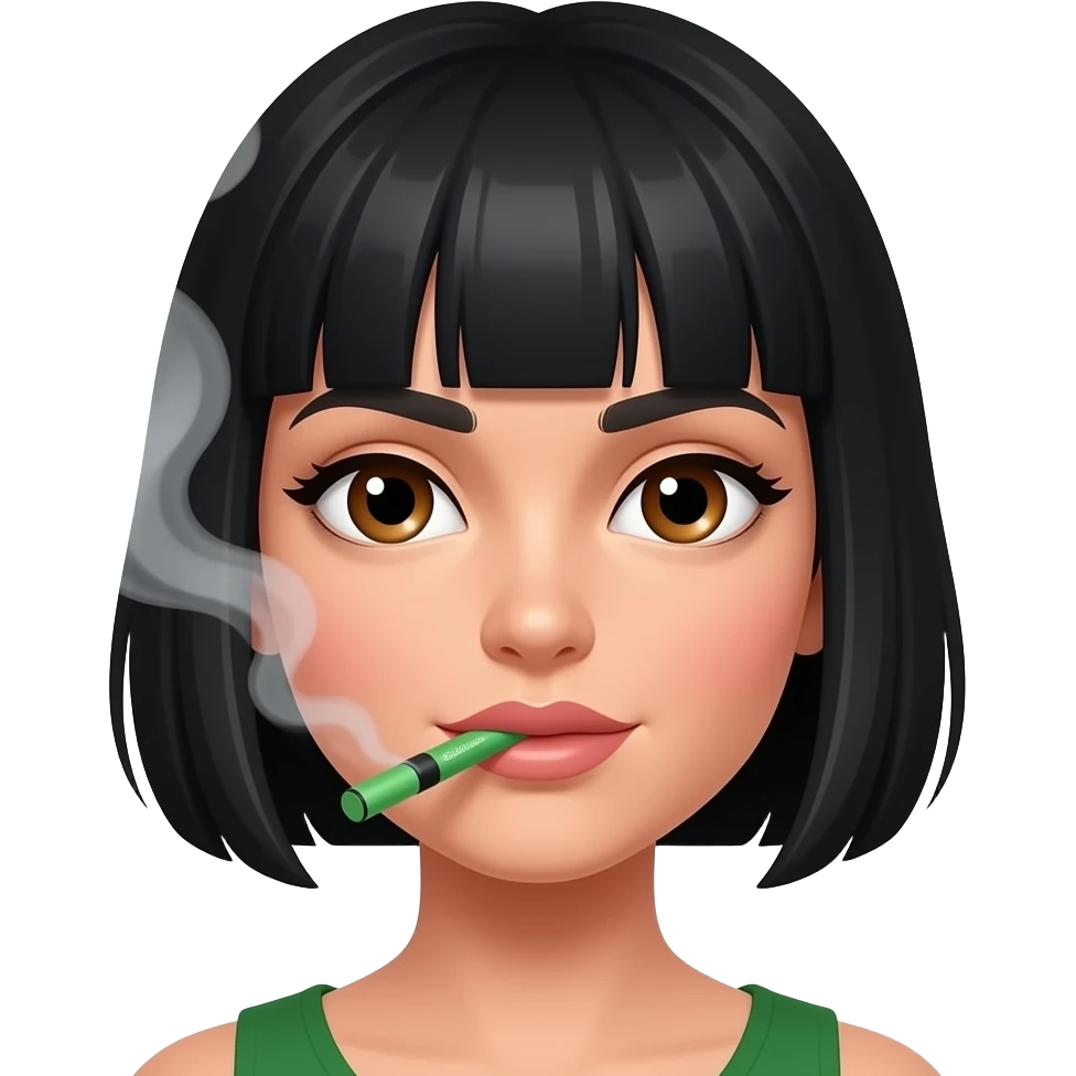 Girl with a Italian girl black bob brown eyes vaping a green Cali disposable vape emoji