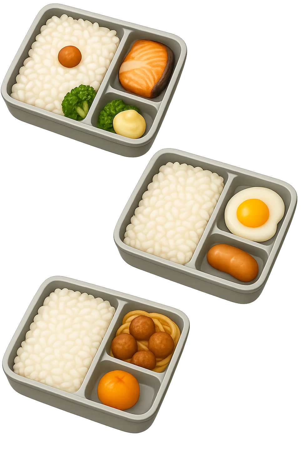 EMOJI STILE IPHONE DI UN 3 schiscette con poco cibo dentro, fluttuano in aria REALISTICA 4K emoji