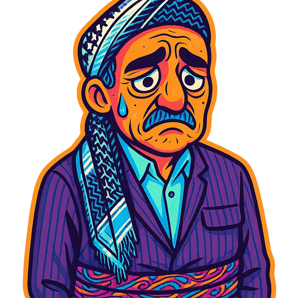 Create a cartoon sticker with a sad expression in the style of Flux Kontext Pro, with a transparent background. The style is vibrant and pop colors icons with a cartoonish, colorful, and lively look. emoji