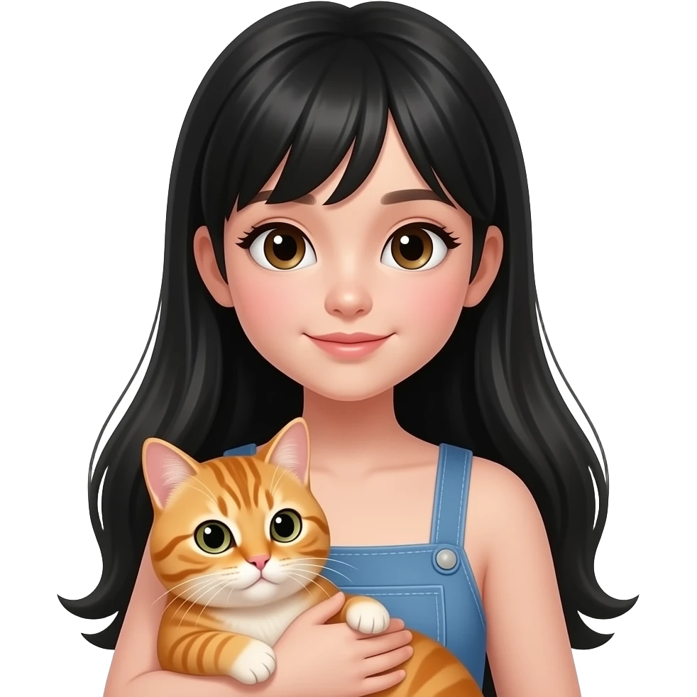 Une fille adolescente avec une peau clair avec des cheveux lisses très longs noir style clean girl qui tient et câline un chat orange emoji