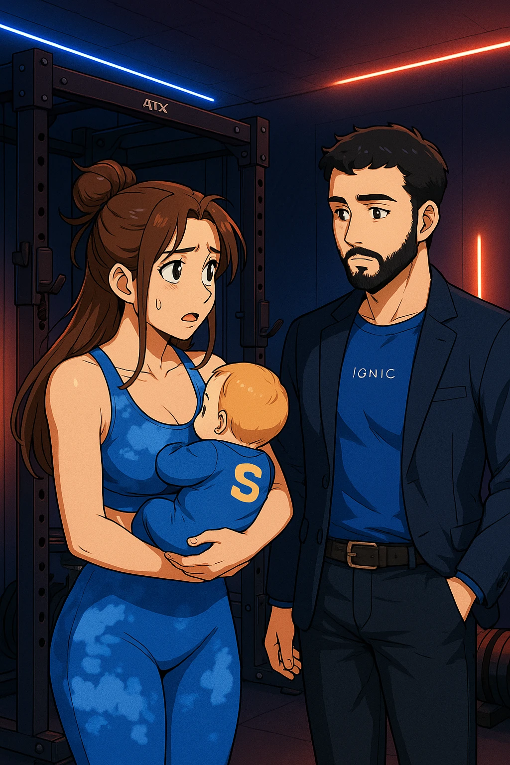 ispirati a questo stile di disegno e fai questa immagine in versione manga/webtoon a colori, il manga mostra la donna preoccupata con un neonato in braccio con una tutina azzurra e la scritta "S" sulla schiena, la donna gli sta facendo una domanda all'uomo, ma non fare i fumetti, fai come se stessero parlando emoji