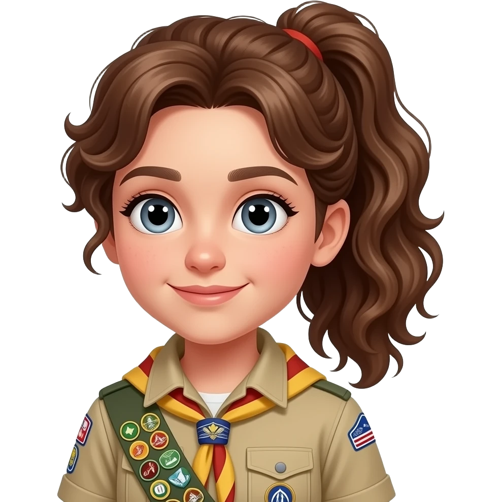 make a girl with brown  curly long hear in a pony big nose grey eyes big 13 jear in the seond in a scout suit emoji
