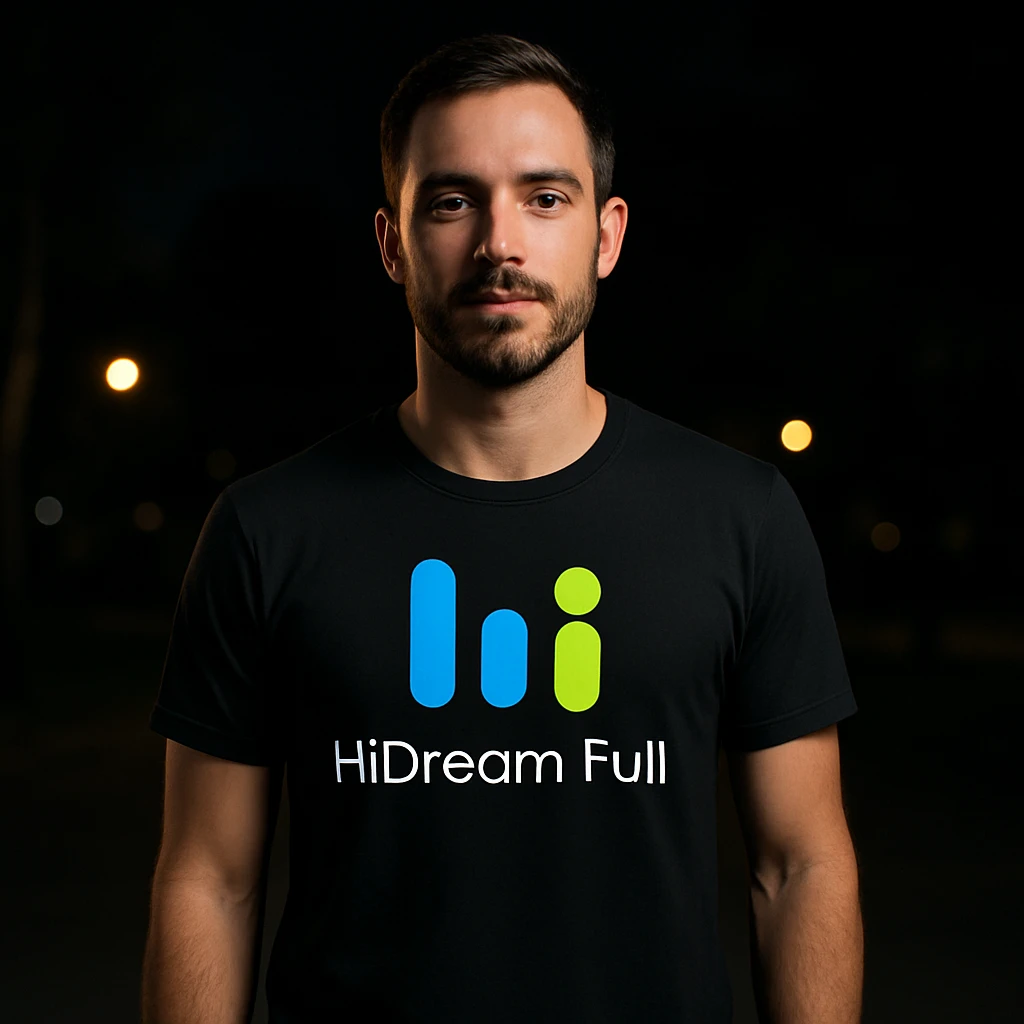 man wearing tshirt with this logo, dark night background with dim lights emoji
