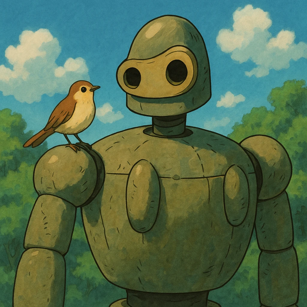 friendly robot with a bird on its shoulder, ghibli style emoji