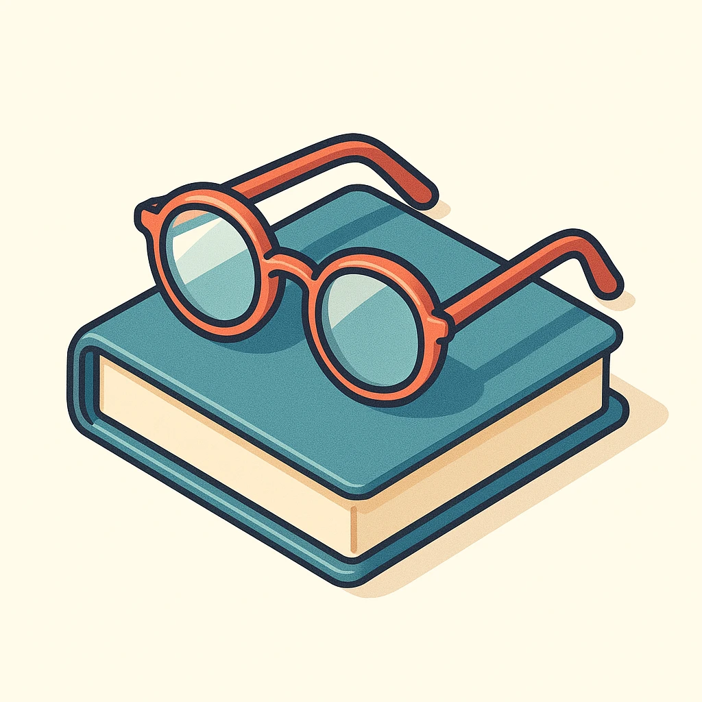 folded glasses lying on a book, symbol of knowledge, reflection, and mindfulness, simple form, clear shadows and highlights, 2D isometric style emoji