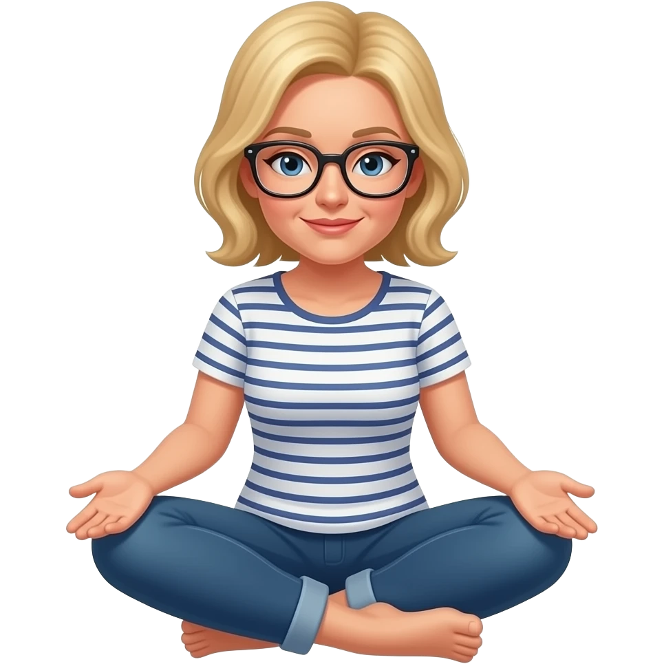 Frau 40 Jahre, Brille blondes haar .
Sie sitzt auf beiden Knien.
Ihre Unterschenkel liegen nach hinten auf dem Boden.
Der Oberkörper ist aufrecht, 
Die hände liegen auf den oberschenkel, die Handflächen zeigen nach oben, als würde sie etwas anbieten,
Der Blick ist nach unten gerichtet emoji