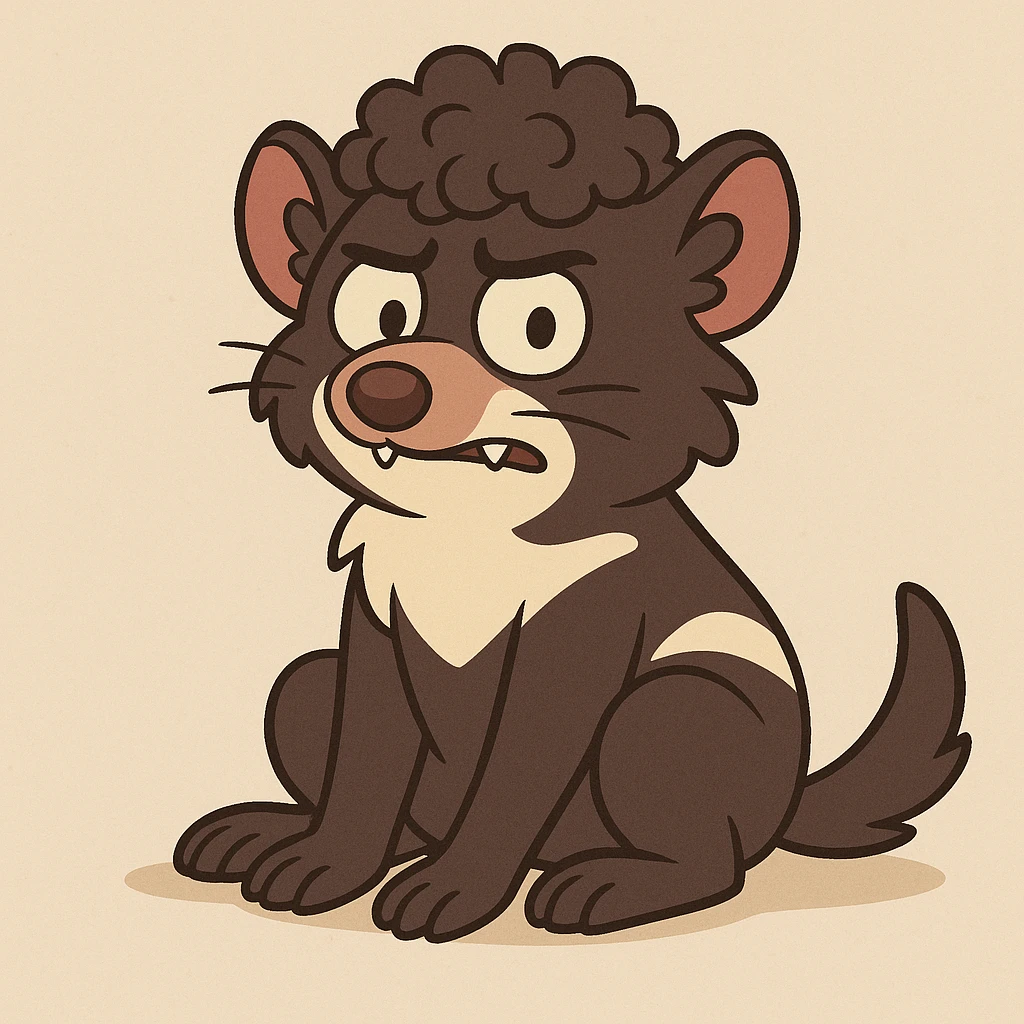 Tasmanian devil with curly hair, cartoon style, sitting pose emoji