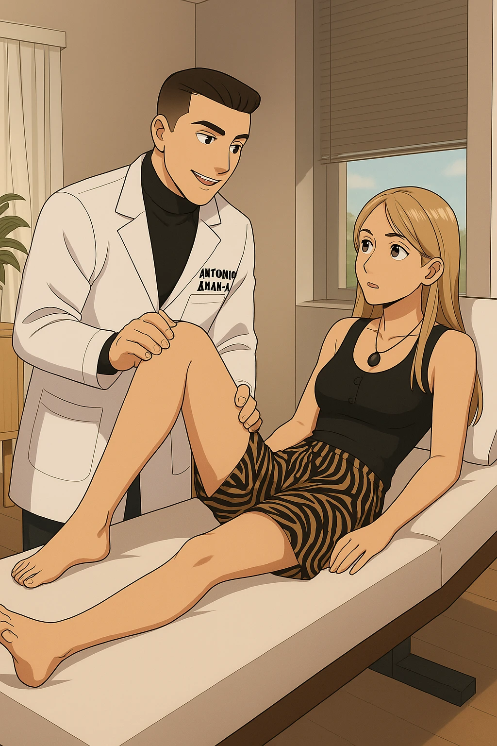 fai un webtoon/manga a colori con questo kinesiologo in camice bianco (fagli la scritta "ANTONIO ANANIA" SUL CAMICE) CHE SVOLGE UN TEST NEUROMUSCOLARE SOLLEVANDO UNA GAMBA ALLA RAGAZZA CHE è STESA SU UN LETTINO BIANCO. STANZA SEMPLICE E MODERNA, DURANTE IL TEST I DUE DIALOGANO TRA LORO. NON FARE I FUMETTI, FAI SOLO LORO COME SE DIALOGASSERO emoji