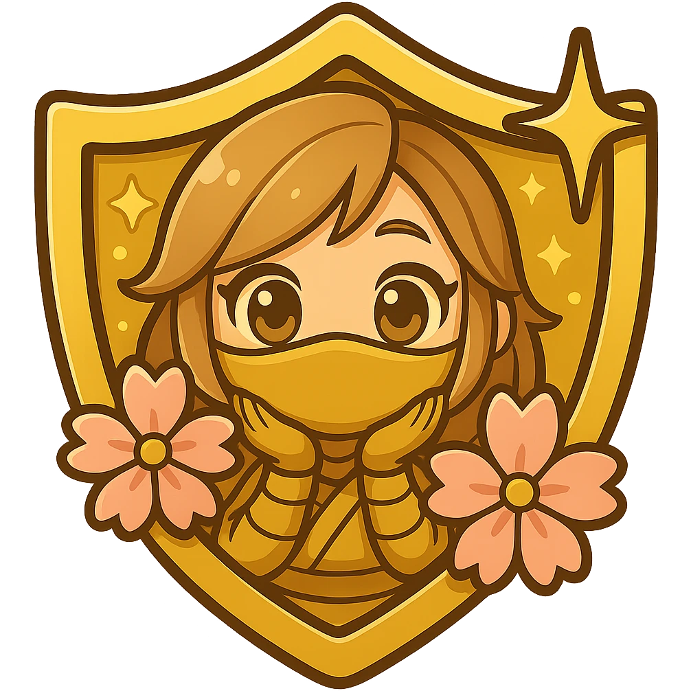 Change the badge color to gold for the Gold rank, keeping the same design of a chibi ninja girl with sakura flowers and sparkly effects, maintaining the badge shape. The image should have a transparent background and be sized for Twitch or Discord use. emoji