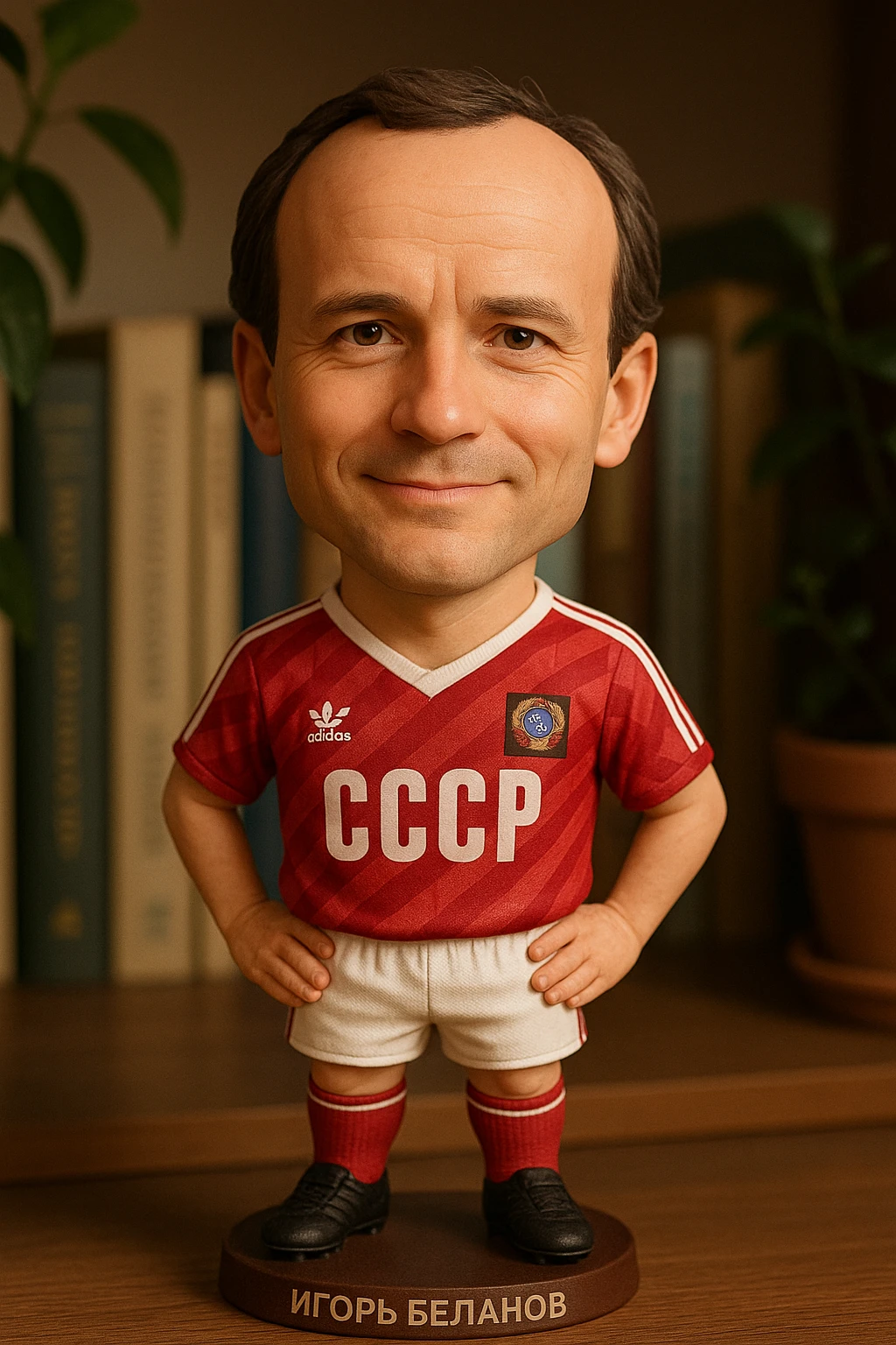 Игорь Беланов в форме сборной СССР 1986 года смотрит на прямо на зрителя и слегка улыбается, освещение с левой верхней стороны кадра emoji