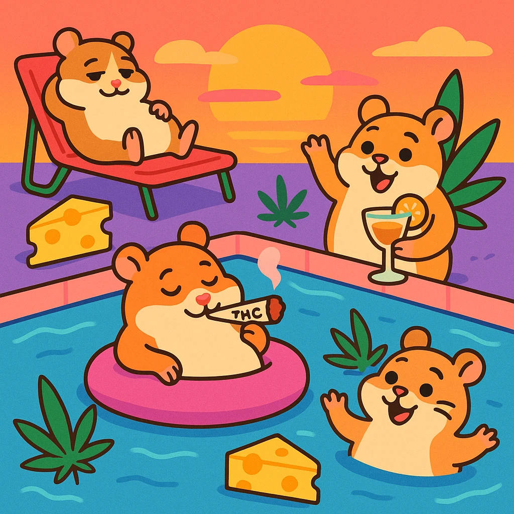 square colorful pool party scene at sunset with up to 3 hamsters, weed, cheese, and THC theme, extra vibrant, playful, nostalgic, fun, inviting, summer party vibe, clear composition, no disco ball emoji