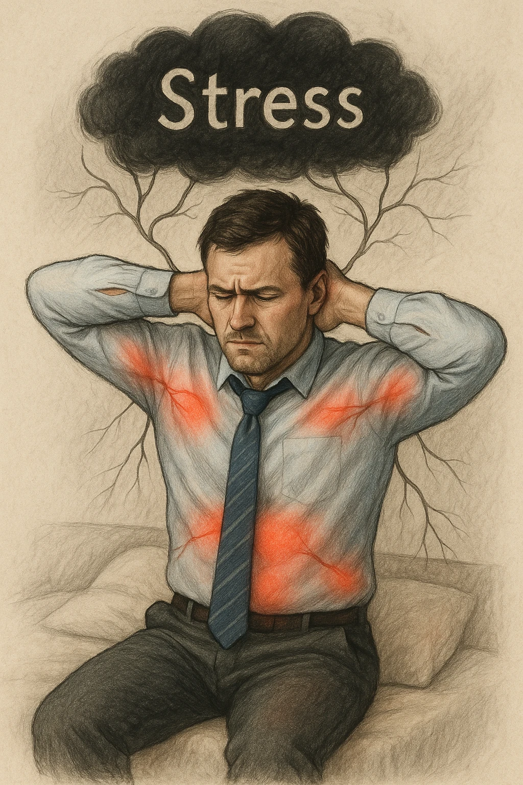 Uomo tra i 30 e i 40 anni in abiti da ufficio, seduto su una sedia o sul letto, con mani sul collo o sulla testa, visibilmente stressato. Attorno al corpo si vedono aree evidenziate di dolore (spalle, stomaco, schiena) rappresentate da leggere sfumature rosse o pulsanti. Sopra la sua testa, una nuvola scura con la parola 'Stress' scritta dentro, collegata al corpo con fili o nervi tesi. L'espressione dell’uomo è di frustrazione ma anche convinzione: crede che sia solo lo stress. Stile realistico con accenti simbolici psicofisici emoji