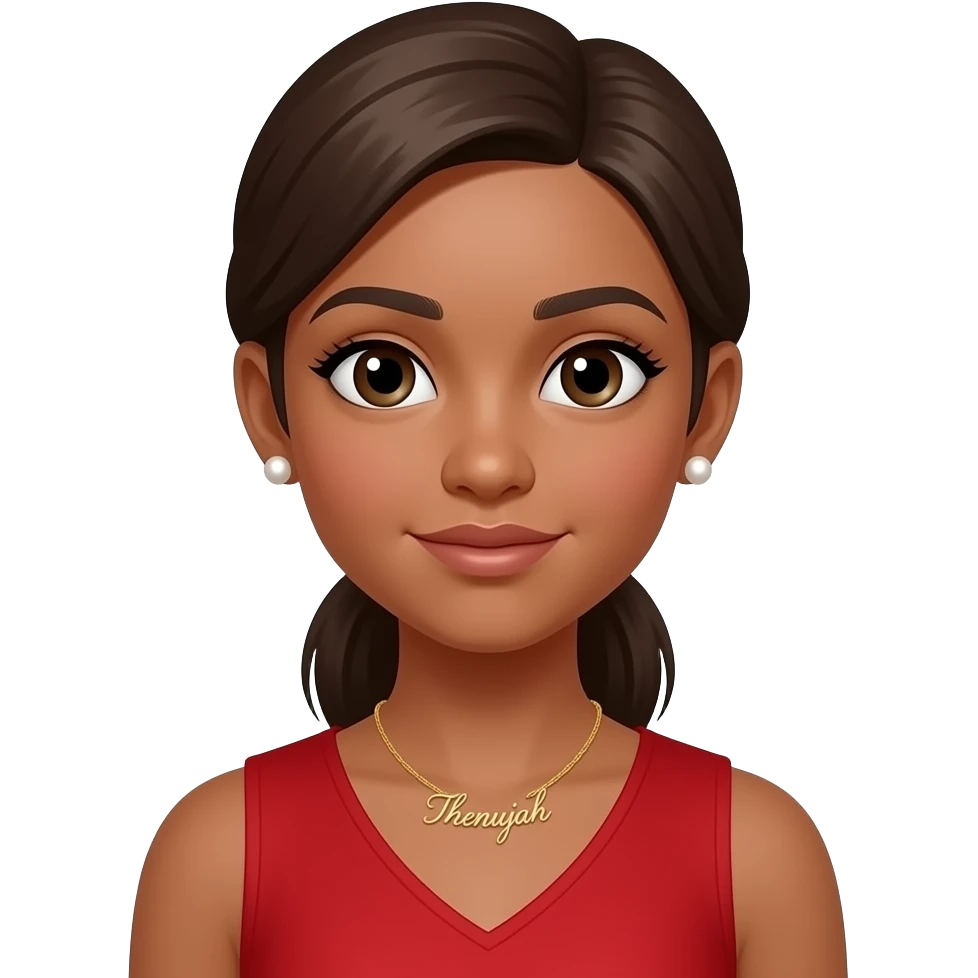 Make a girl that looks real and not 100% AI generated. A girl with light brown skin with low ponytail put it in front. She has pearl earrings and a necklace that says ‘Thenujah’ in cursive gold. She is skinny make her face a v shape. She is wearing red. She is 12 years old. Ponytail not braid emoji