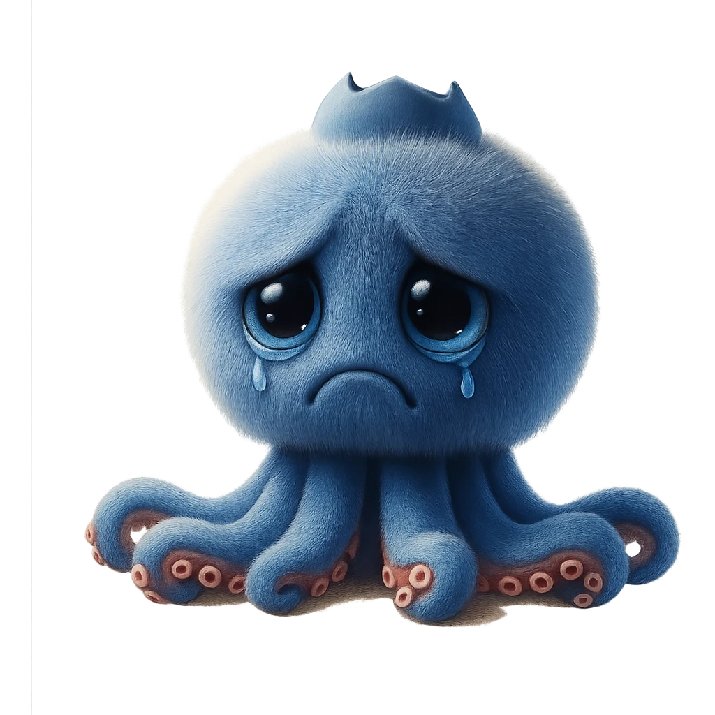 Change the octopus character's face to a sad expression, keeping the image quality and style the same, transparent background, maintain the original style and details. emoji