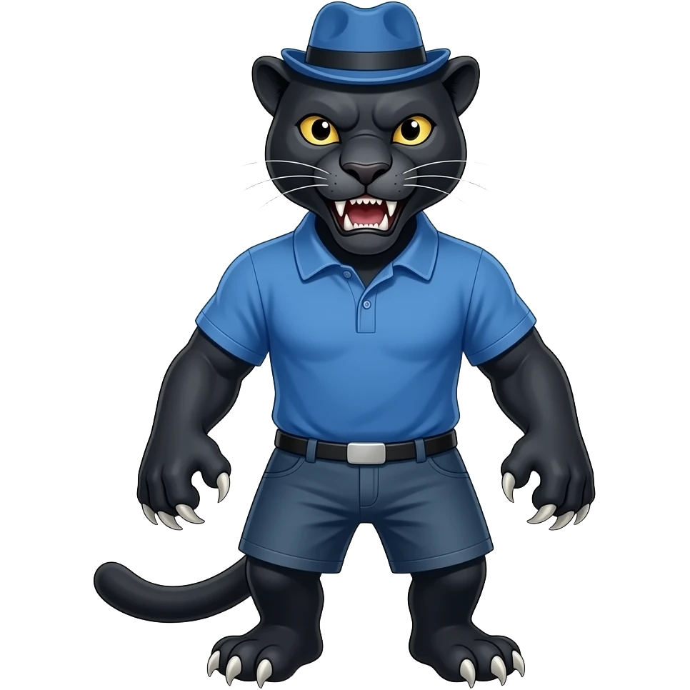 hazme una pantera imponente fuerte y poderosamostrando garras y comlillos con polo azul y gorra emoji