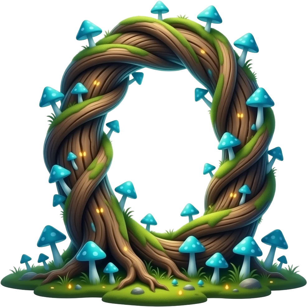 Magical number '1000' formed from twisting ancient tree roots, overgrown with tiny neon-blue mushrooms and bioluminescent moss. Soft fireflies orbiting the letter, enchanted forest atmosphere, macro photography style emoji