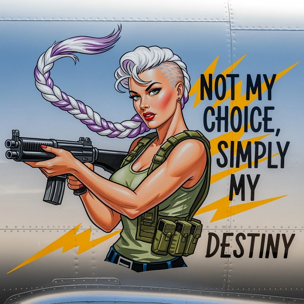 a retro military pinup fuselage decoration for the motto " not my choice, simply my destiny "
the female figure in the pinup image wears a long white braid with lavender tips, shaved sides of her head. She wears a tank-top undershirt and field web vest, executing dual mag tac reload wit one hand emoji
