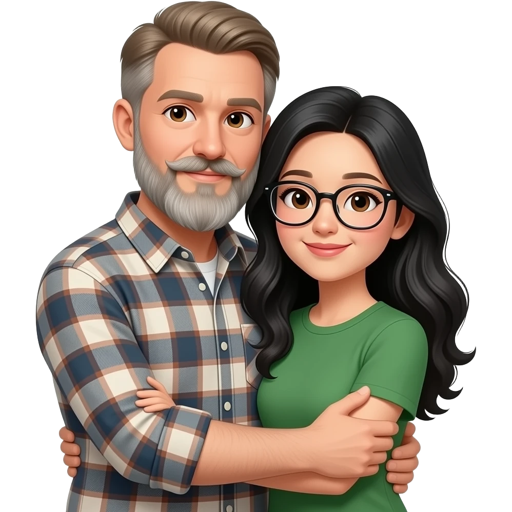 A slim white man with thinning light brown hair, hazel eyes, moustache and very long scraggly graying beard, wearing a plaid flannel long sleeve shirt, embracing a chinese woman with long black wavy hair with a few gray strands, brown eyes and glasses, wearing a green t-shirt emoji