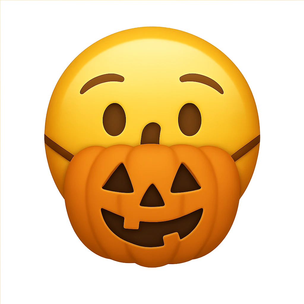 yellow face with orange pumpkin mask emoji, digital illustration emoji