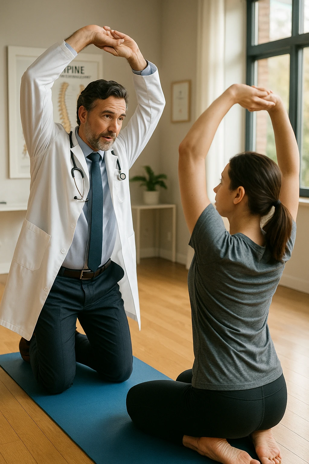 A realistic, cinematic illustration of a professional doctor in a white coat inside a bright, modern medical office, demonstrating a simple stretching exercise to a patient for improving posture. The doctor, calm and encouraging, shows a gentle spinal extension stretch while explaining its benefits for posture and spinal health, with an anatomical poster of the spine and posture alignment in the background. The scene includes a yoga mat, clean wooden floors, and natural light streaming through large windows, creating a warm, health-focused atmosphere. The patient, in comfortable activewear, watches and mirrors the stretch, emphasizing the preventive and therapeutic role of stretching for posture correction under medical guidanc emoji