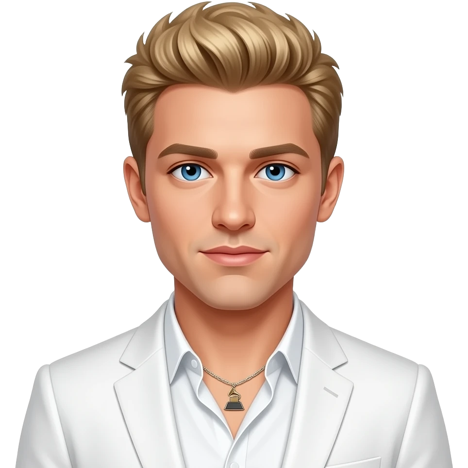 Nick Carter from Backstreet Boys with blue eyes, blonde hair, white grammy shirt and white suit jacket, necklace emoji