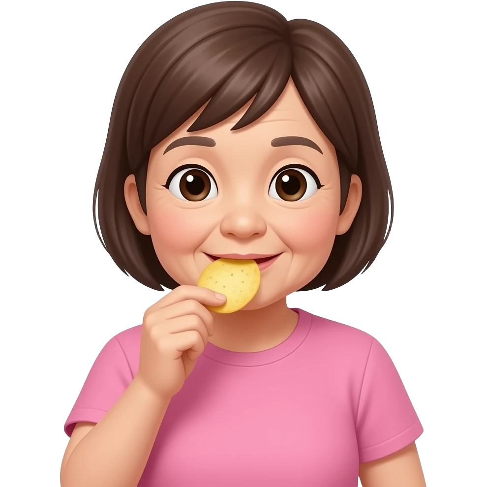 Asian grandma wearing pink tshirt with really short brown hair eating potato chips emoji