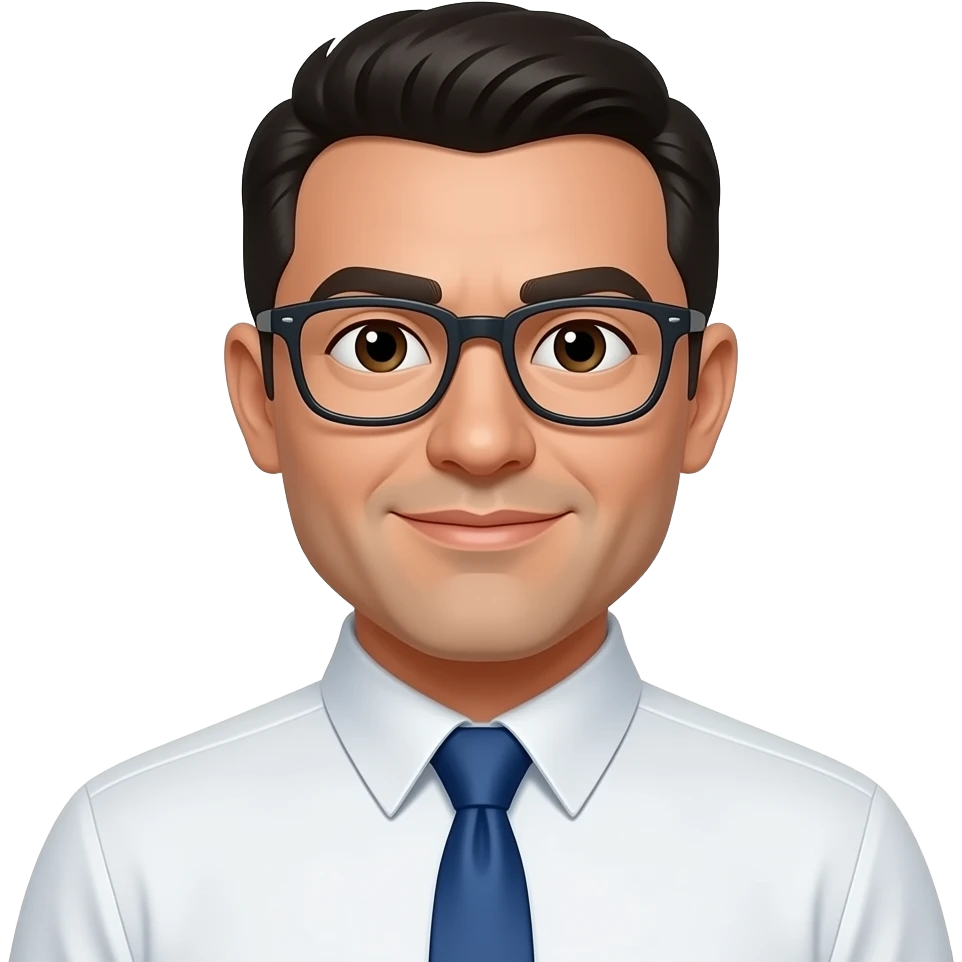 an man with round face wear glasses wear white shirt with blue neck tie emoji