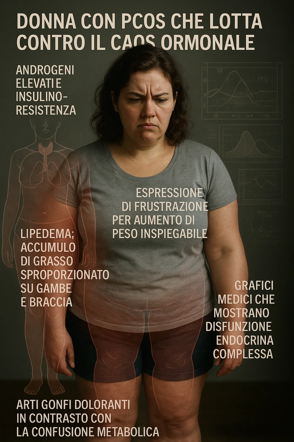 cinematic realistic Woman with PCOS struggling with hormonal chaos, transparent overlay showing elevated androgens and insulin resistance affecting her body, lipedema causing disproportionate fat accumulation in legs and arms despite normal torso, expression of frustration with unexplained weight gain, medical charts showing complex endocrine dysfunction, painful swollen limbs contrasting with metabolic confusion scrivi i testi in italiano emoji