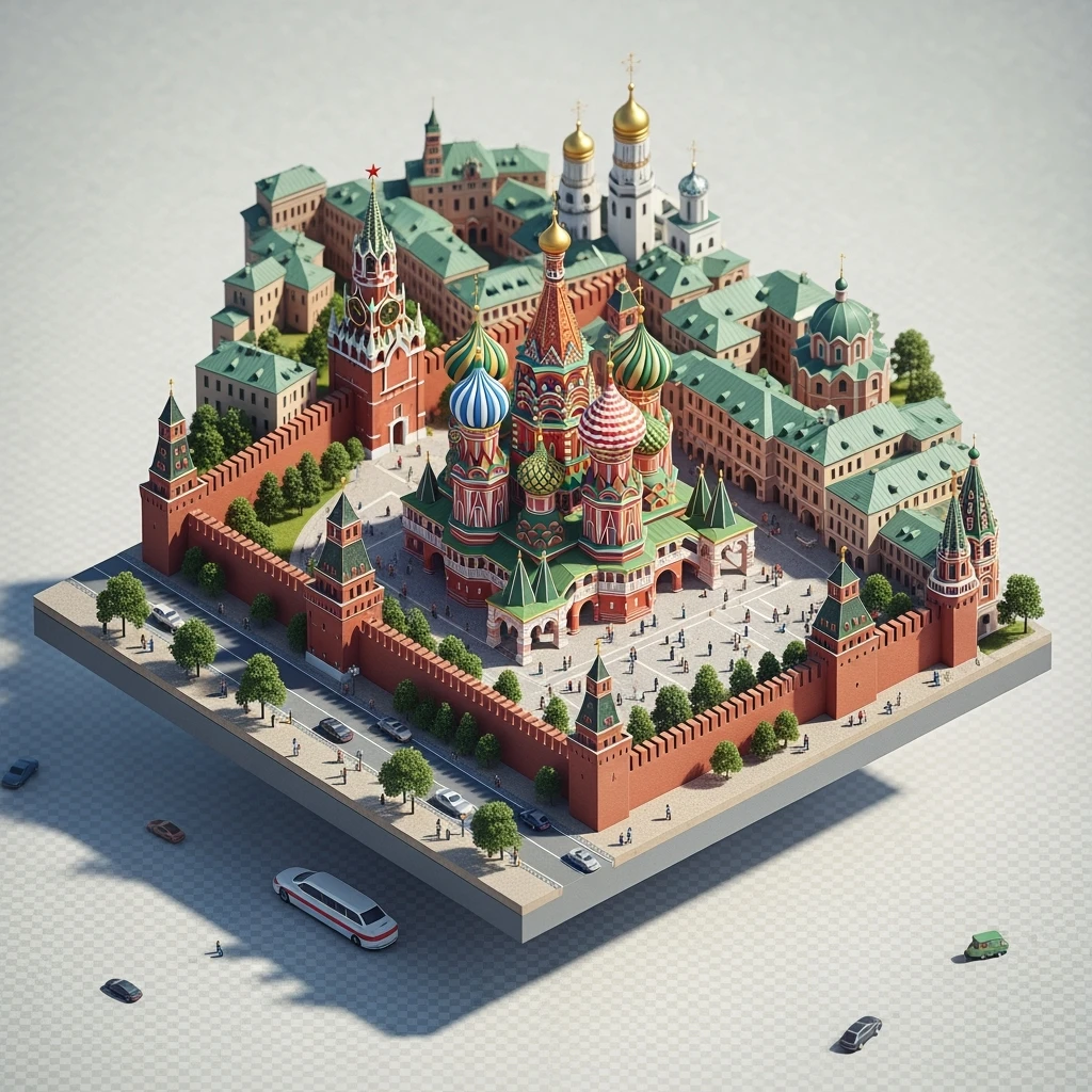 Изометрическая фотореалистичная иллюстрация-модель Москвы в центре Храм Василия Блаженного, баланс между стилизацией и реализмом, эффект миниатюры, прозрачный фон emoji