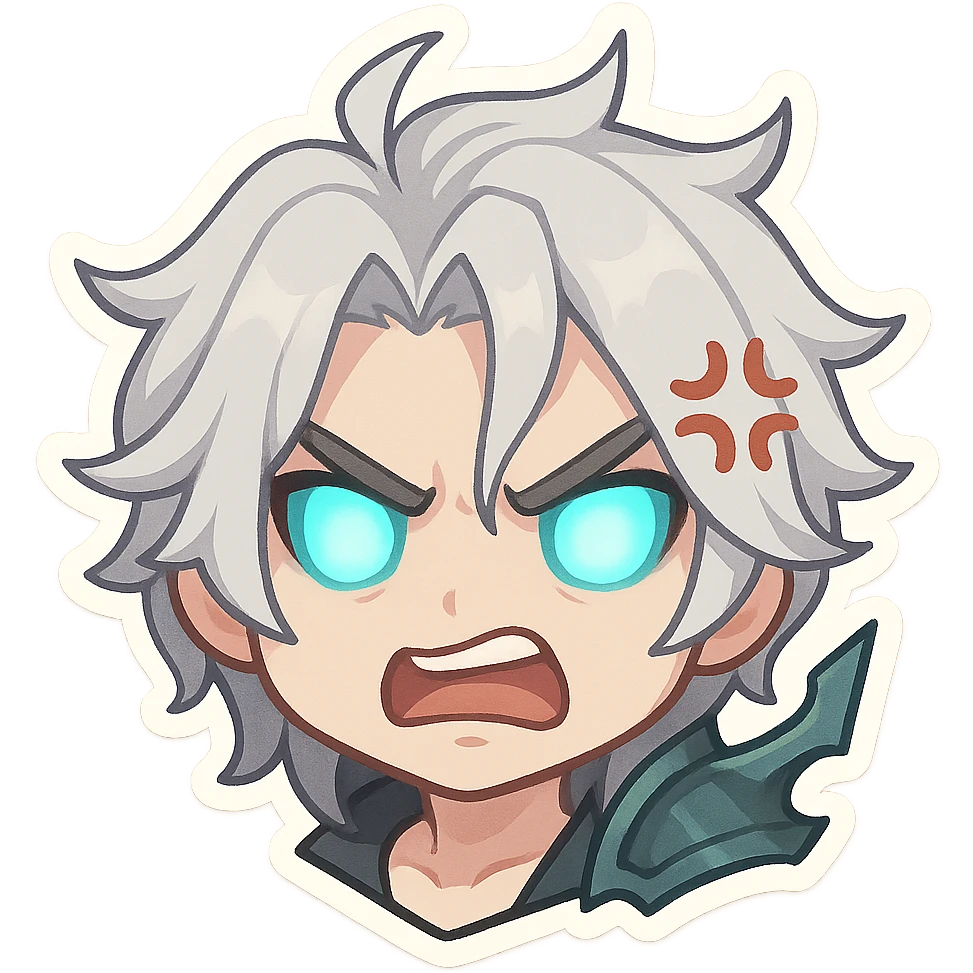 Viego from League of Legends, chibi style emote, only head, angry expression, eyes glowing emoji