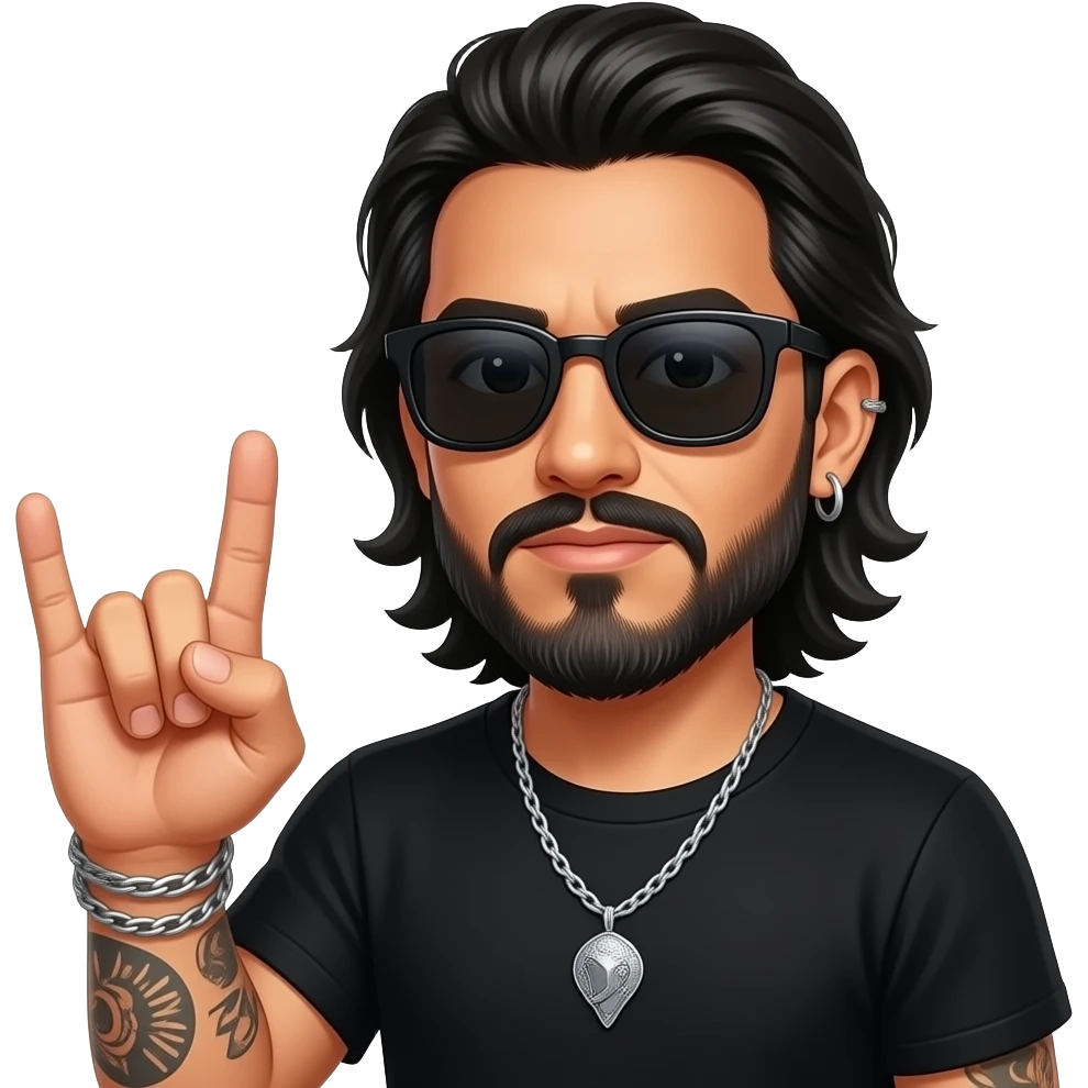 handsome, manly Latino podcast host with black colored eyes wearing black with silver jewelry, with medium length hair, a very long, lightly graying beard and tattoos, his ear pierced and right nostril as well, dark sunglasses, holding rock-n-roll hands emoji