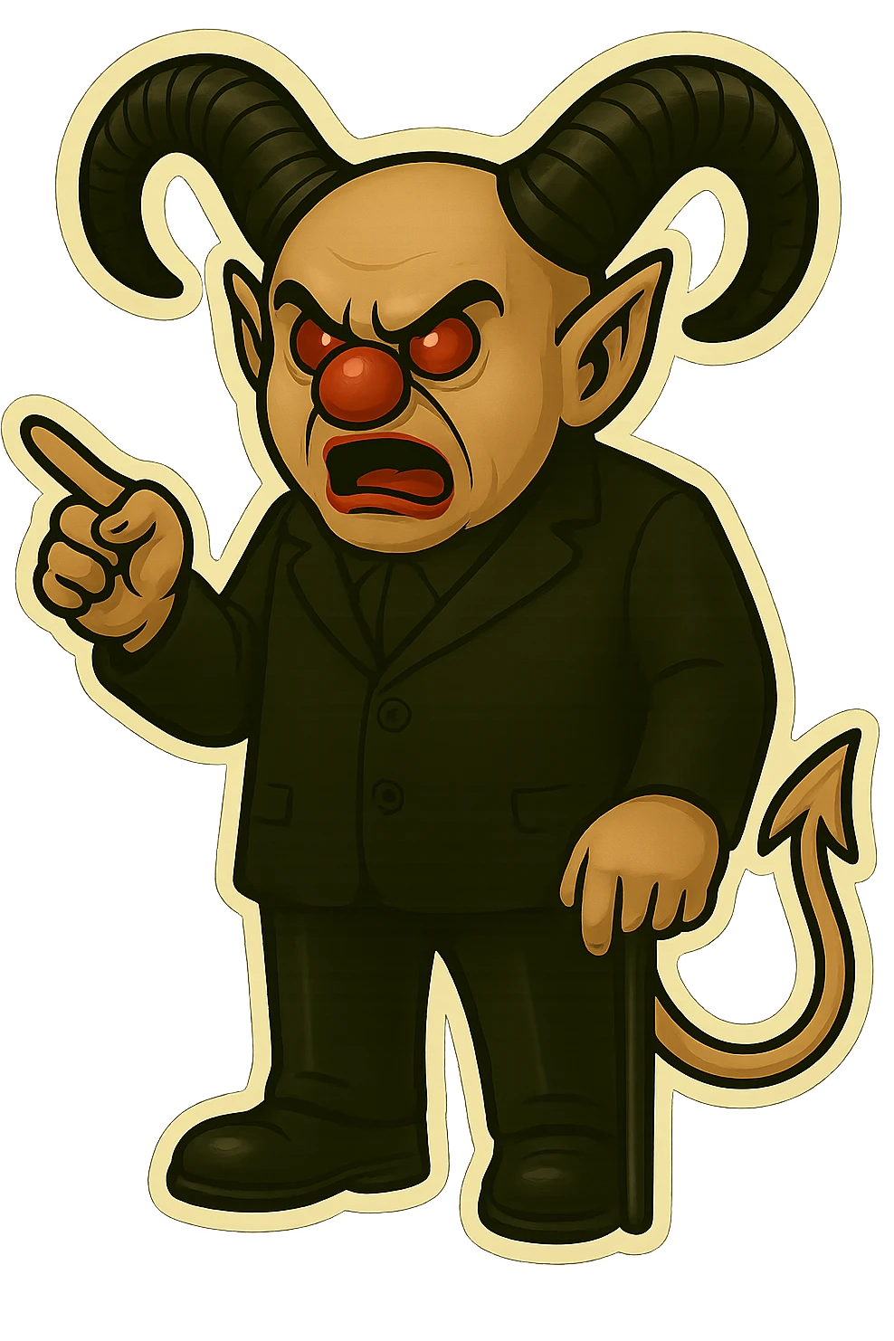 Render an evil clown wizard in retro sticker style, transparent background, pointing and giving a speech, wearing an all black suit, no pentagrams. Use the reference images for face, horns, and tail. emoji