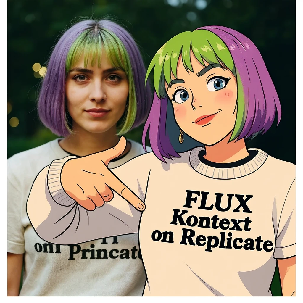 make a image of a girl with a anime version of that girl beside her wearing tshirt with text of FLUX Kontext emoji