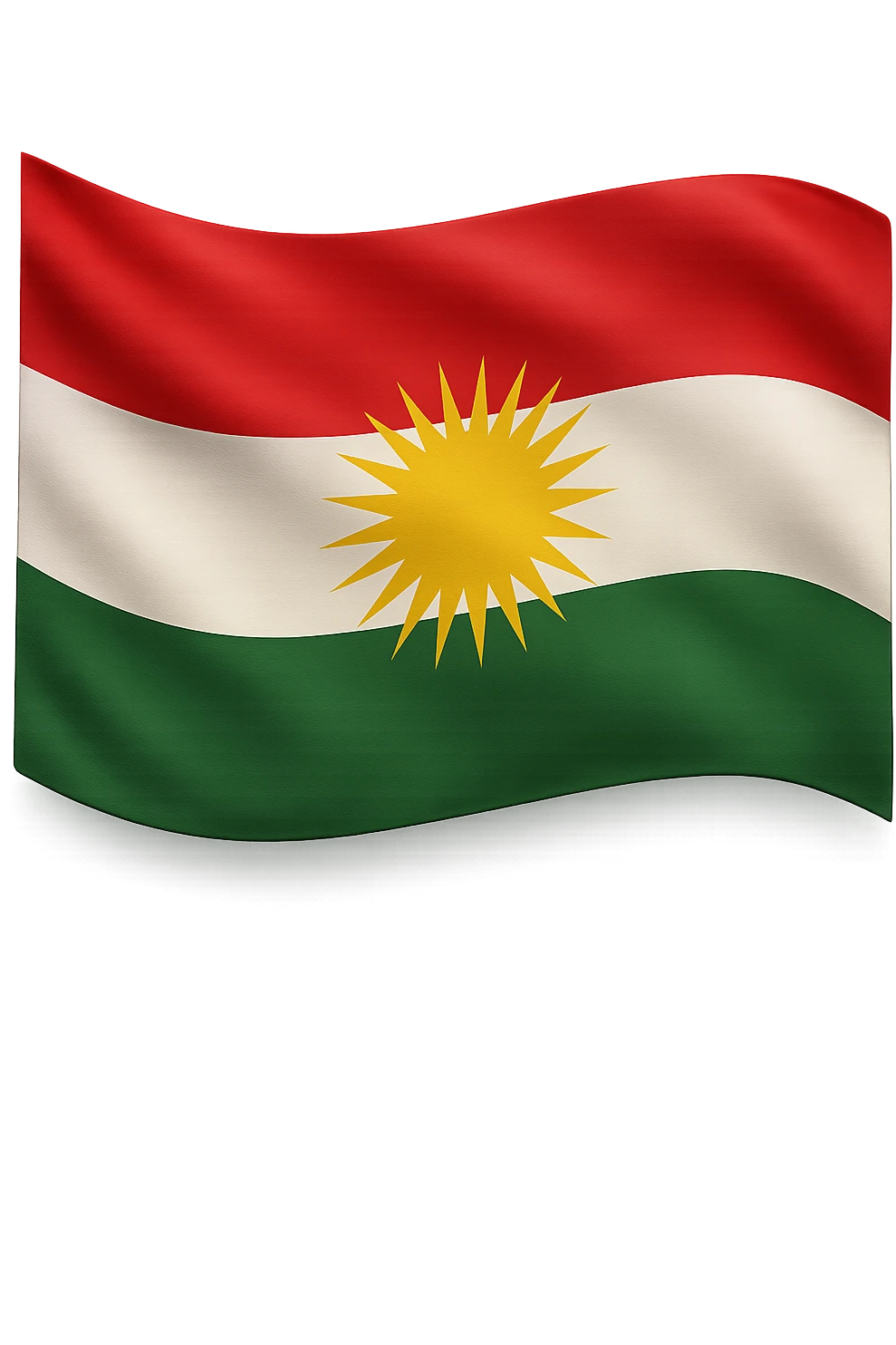 Create a vibrant and colorful waving and embossed Kurdistan flag without any cartoon elements, eyes, or legs. The flag should be exactly like the second reference image but without the flagpole. The style should be realistic and suitable for WhatsApp and Instagram stickers with a transparent background. emoji