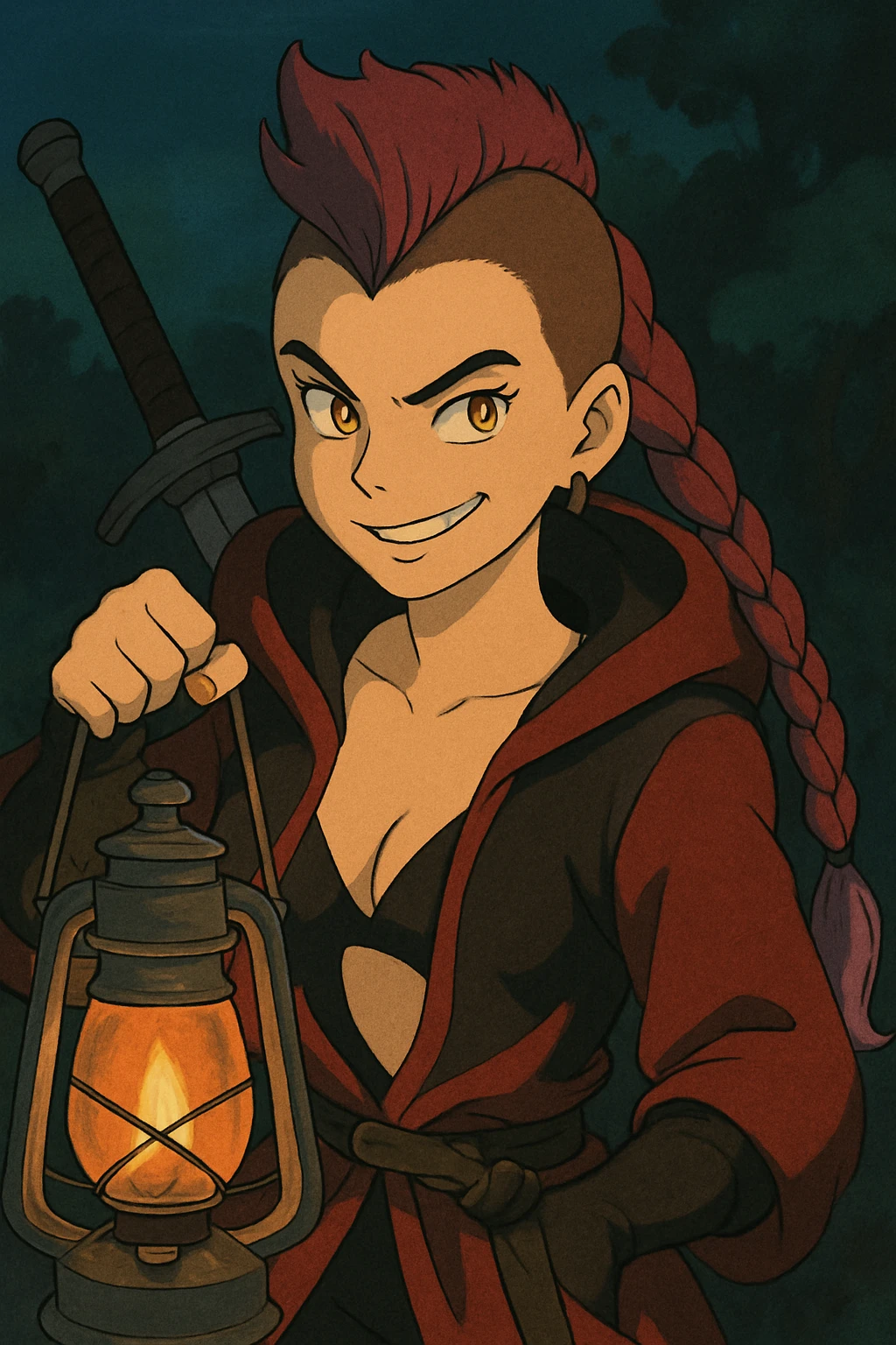 A sword maiden, mohawk, long braid with lavender tips hair, gold yellow eyes, blood red and black revealing hoodie, brandishing a lantern. Mischievous smirk emoji