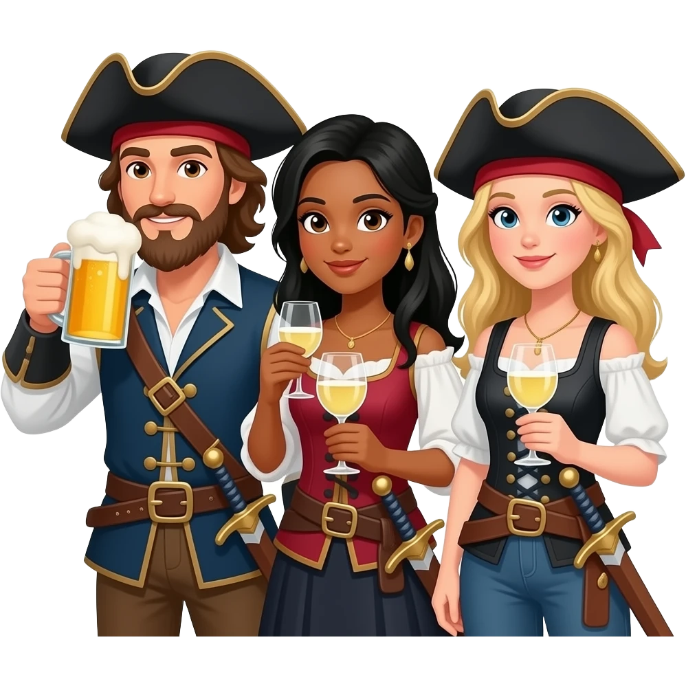 Three musketeers with swords and hats. One guy with brown hair, beard and brown eyes, one girl with black hair and tanned skin and one girl with blond hair. The guy is drinking beer and the girls white wine. emoji