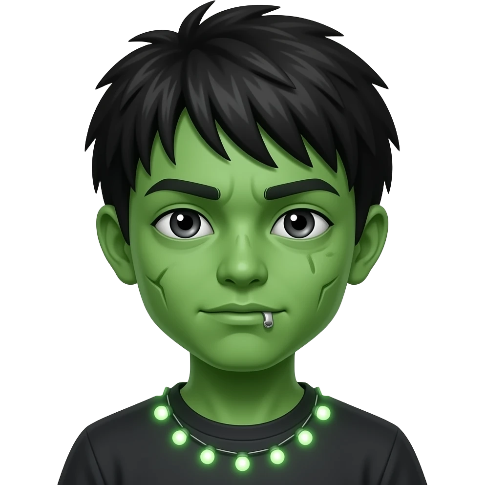 menino zombie cor de pele verde japonês com luzes brancas com piercing na sobrancelha emoji